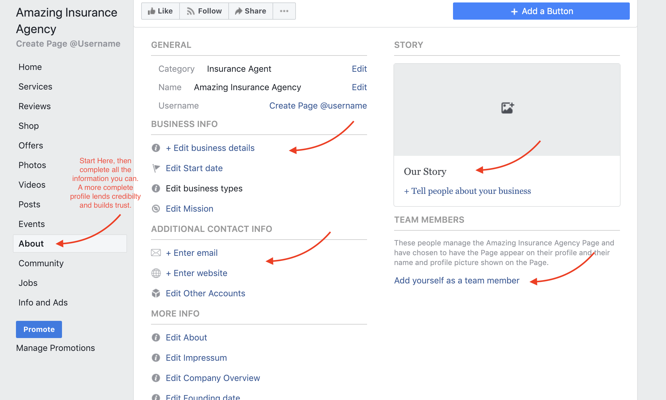 Facebook page creation about section