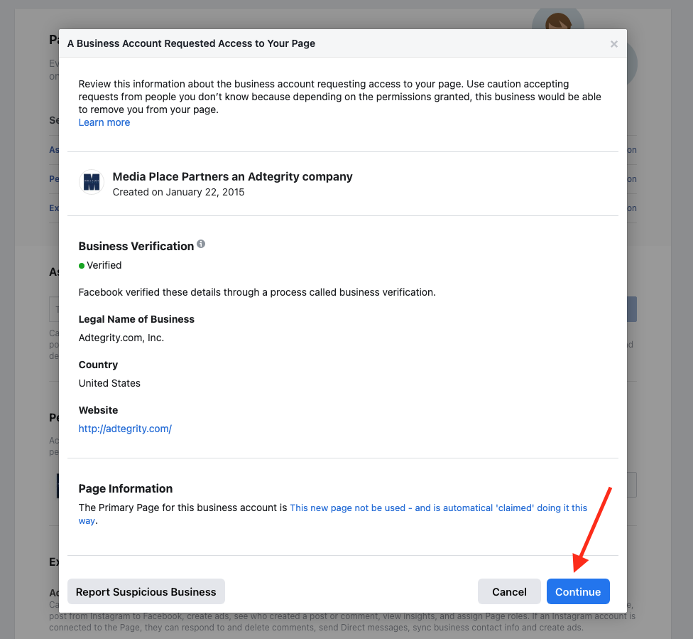 Facebook advertiser page access step 4